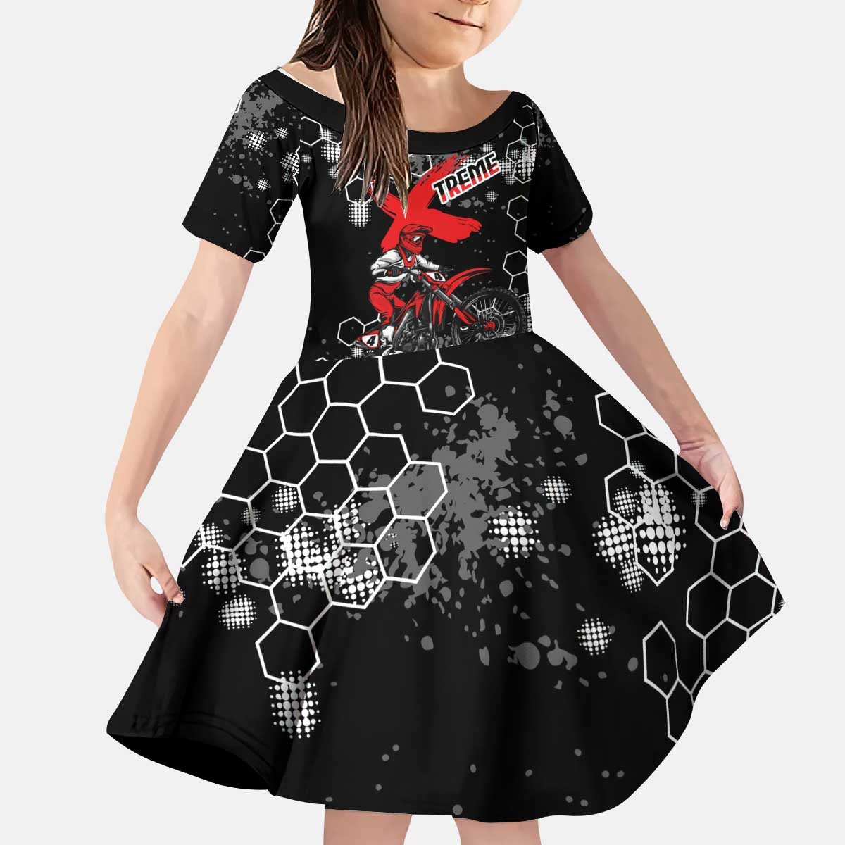 Custom Motocross Dirt Bike Kid Short Sleeve Dress with Red Rider and Honeycomb Grunge Design - Wonder Print Shop