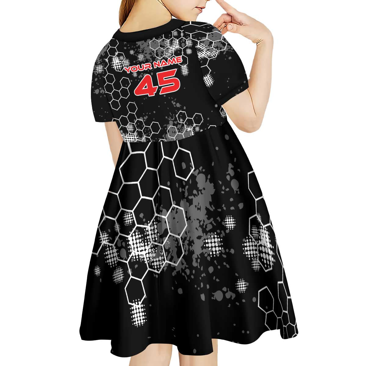 Custom Motocross Dirt Bike Kid Short Sleeve Dress with Red Rider and Honeycomb Grunge Design - Wonder Print Shop