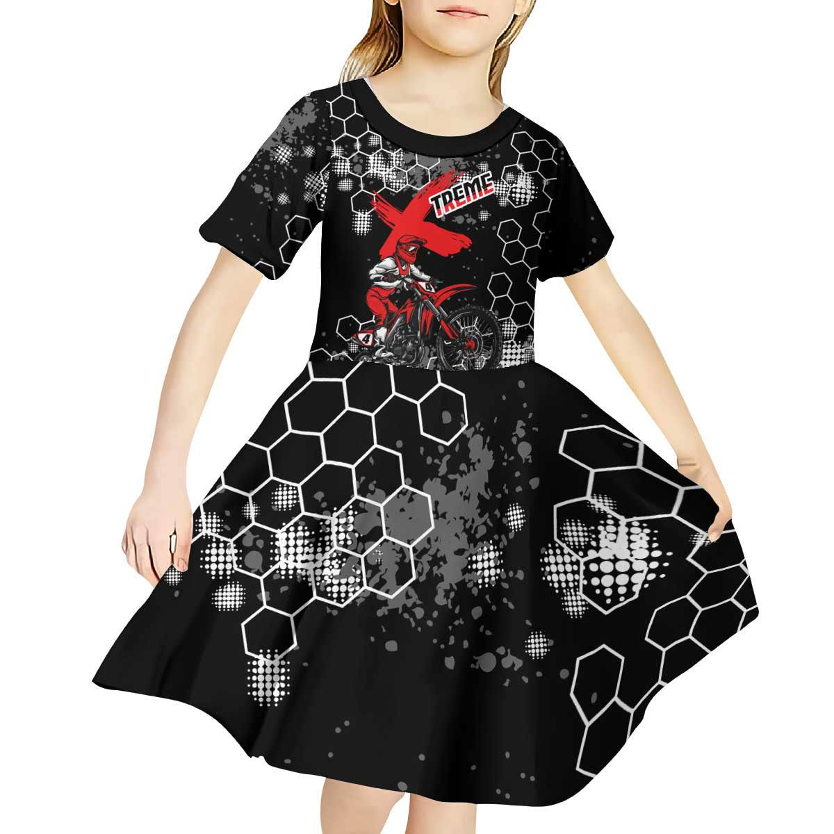 Custom Motocross Dirt Bike Kid Short Sleeve Dress with Red Rider and Honeycomb Grunge Design - Wonder Print Shop