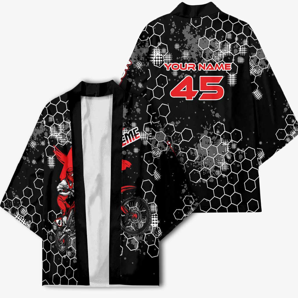 Custom Motocross Dirt Bike Kimono with Red Rider and Honeycomb Grunge Design - Wonder Print Shop