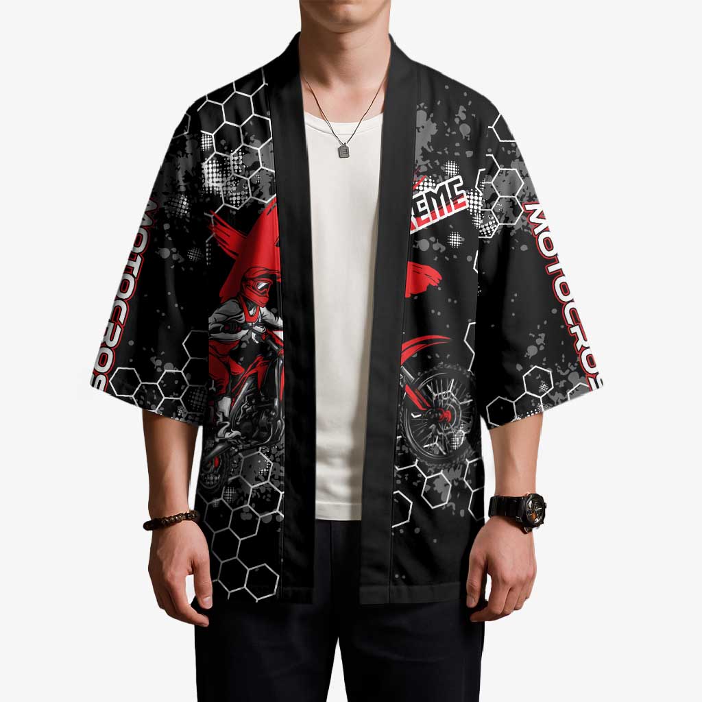 Custom Motocross Dirt Bike Kimono with Red Rider and Honeycomb Grunge Design - Wonder Print Shop