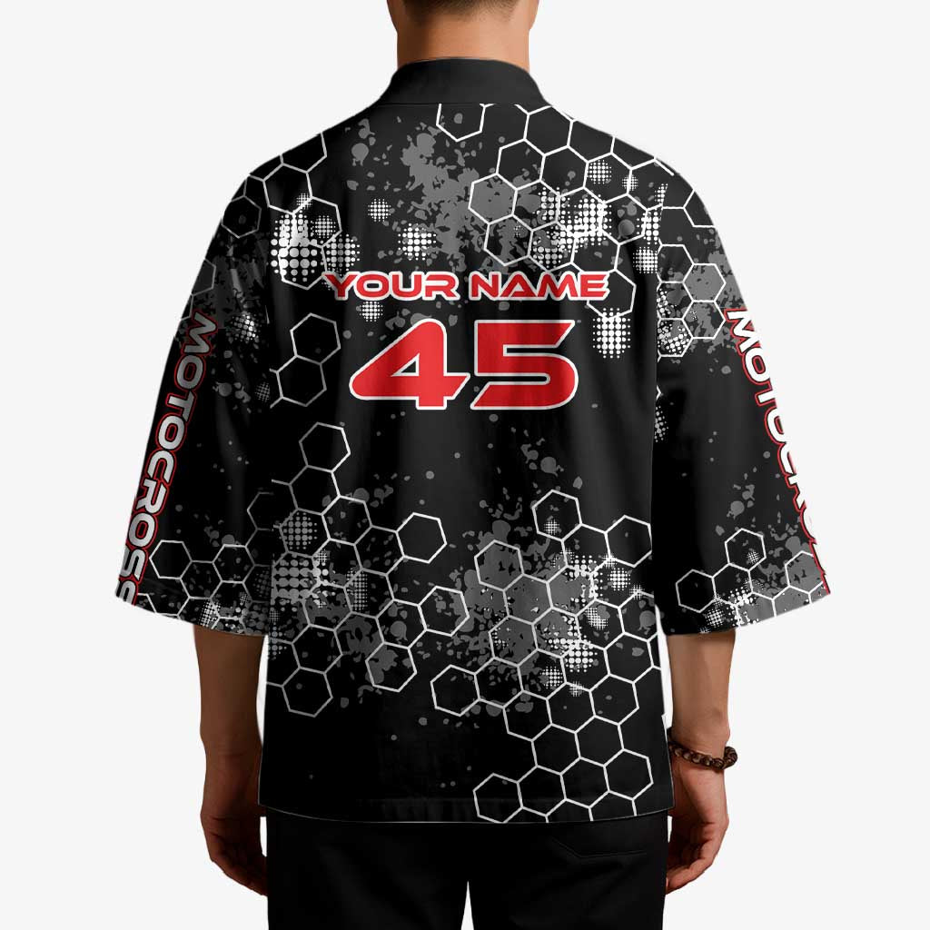 Custom Motocross Dirt Bike Kimono with Red Rider and Honeycomb Grunge Design - Wonder Print Shop