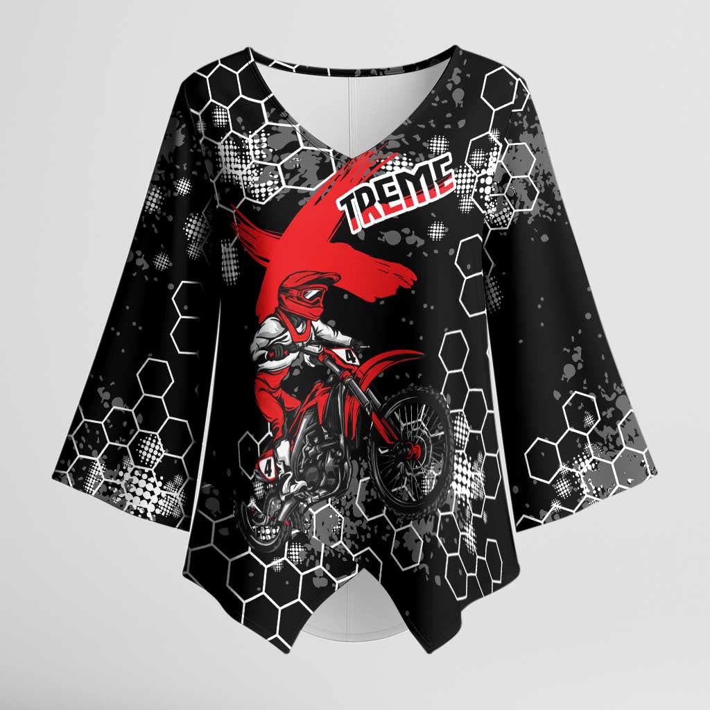 Custom Motocross Dirt Bike Kimono Sleeve Blouse with Red Rider and Honeycomb Grunge Design - Wonder Print Shop