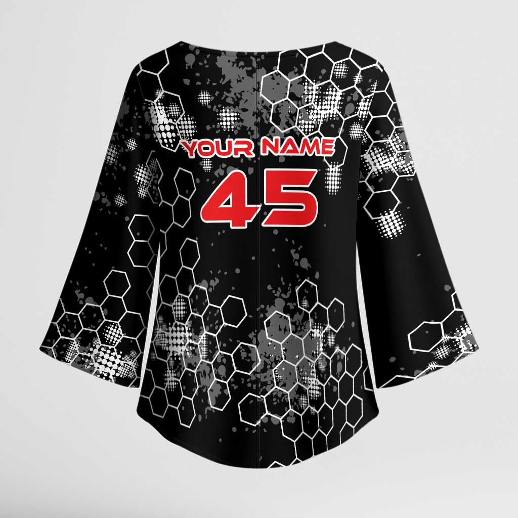 Custom Motocross Dirt Bike Kimono Sleeve Blouse with Red Rider and Honeycomb Grunge Design - Wonder Print Shop