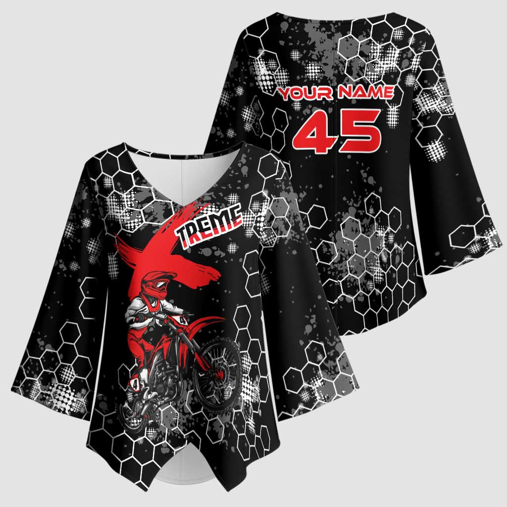 Custom Motocross Dirt Bike Kimono Sleeve Blouse with Red Rider and Honeycomb Grunge Design - Wonder Print Shop