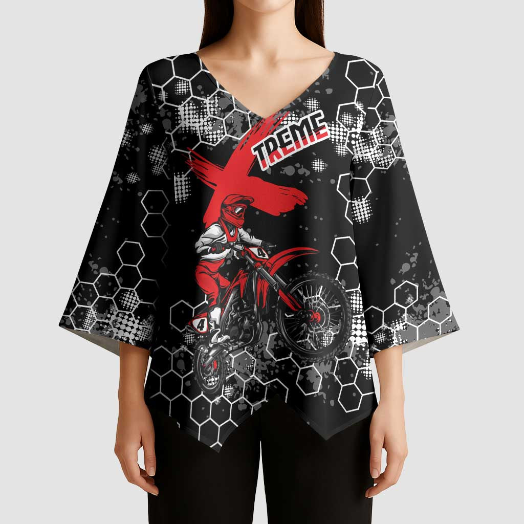 Custom Motocross Dirt Bike Kimono Sleeve Blouse with Red Rider and Honeycomb Grunge Design - Wonder Print Shop