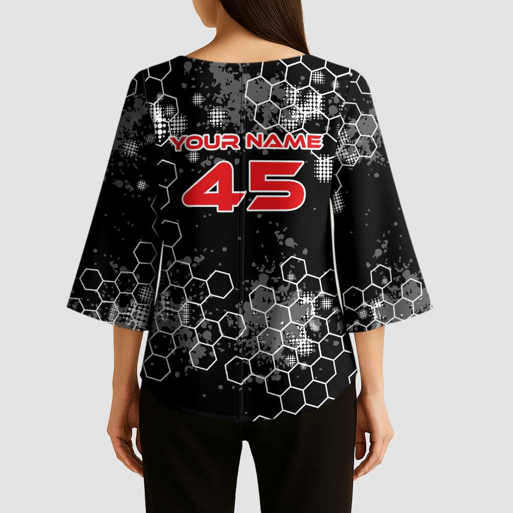 Custom Motocross Dirt Bike Kimono Sleeve Blouse with Red Rider and Honeycomb Grunge Design - Wonder Print Shop