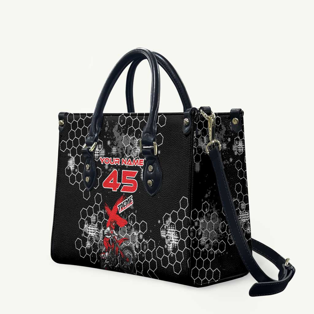 Custom Motocross Dirt Bike Leather Bag with Red Rider and Honeycomb Grunge Design - Wonder Print Shop