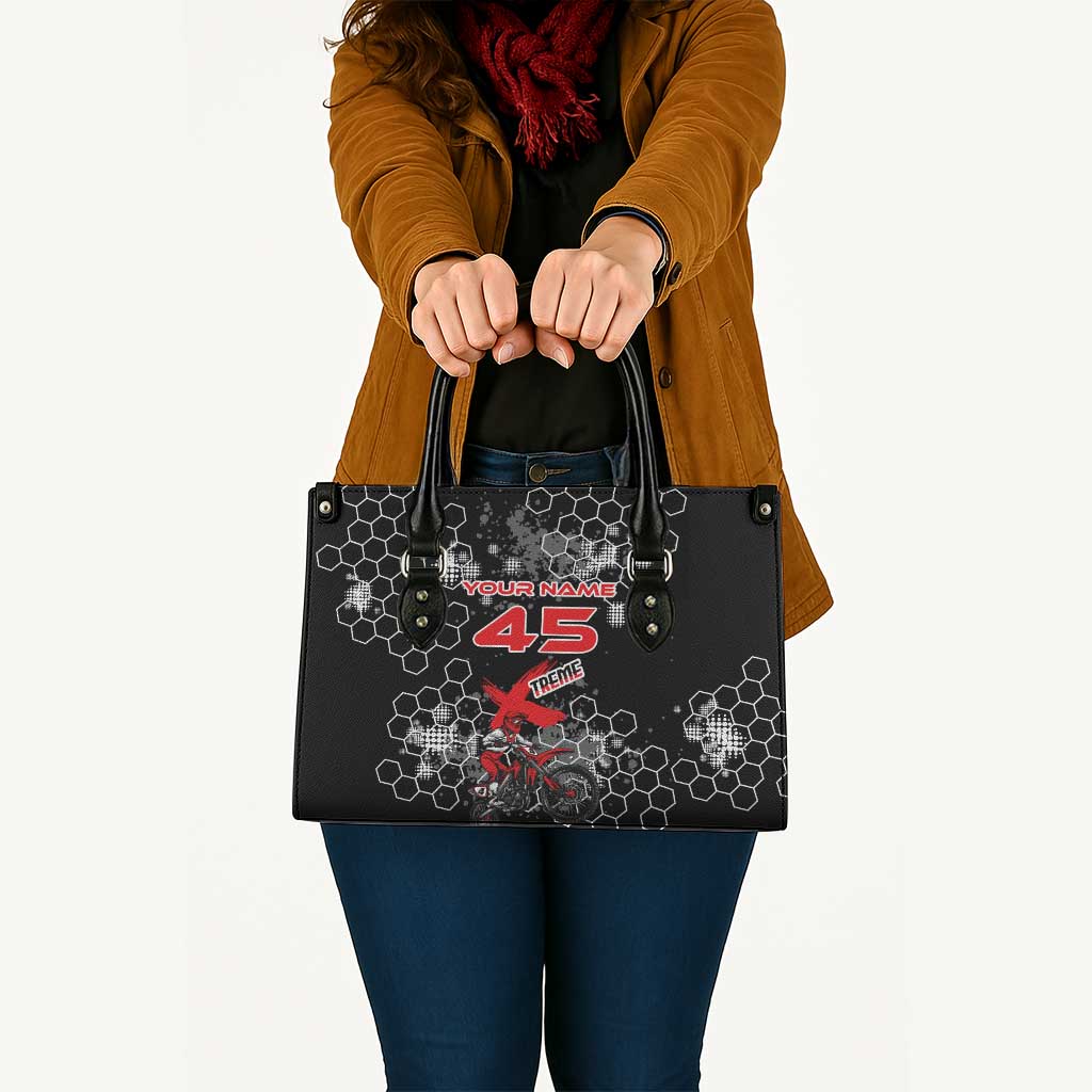 Custom Motocross Dirt Bike Leather Bag with Red Rider and Honeycomb Grunge Design - Wonder Print Shop