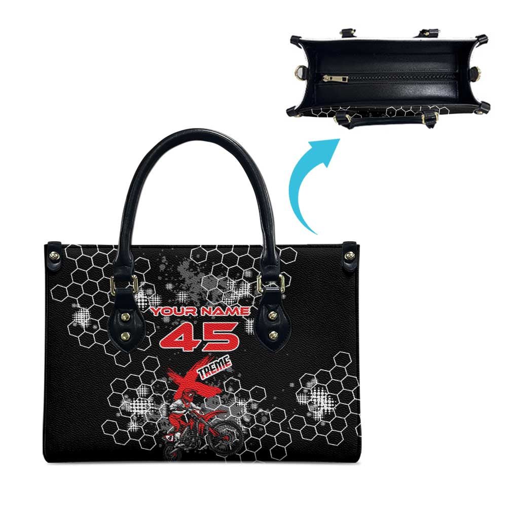 Custom Motocross Dirt Bike Leather Bag with Red Rider and Honeycomb Grunge Design - Wonder Print Shop
