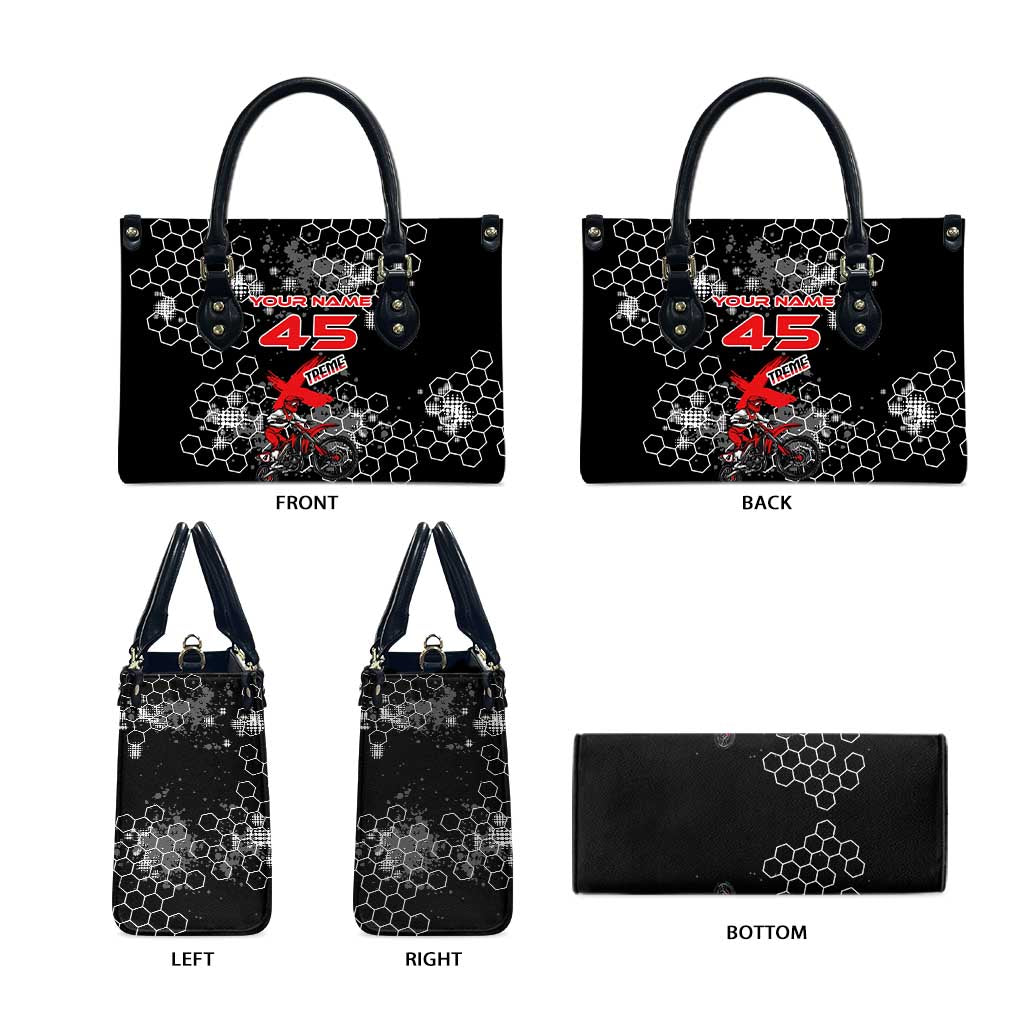 Custom Motocross Dirt Bike Leather Bag with Red Rider and Honeycomb Grunge Design - Wonder Print Shop