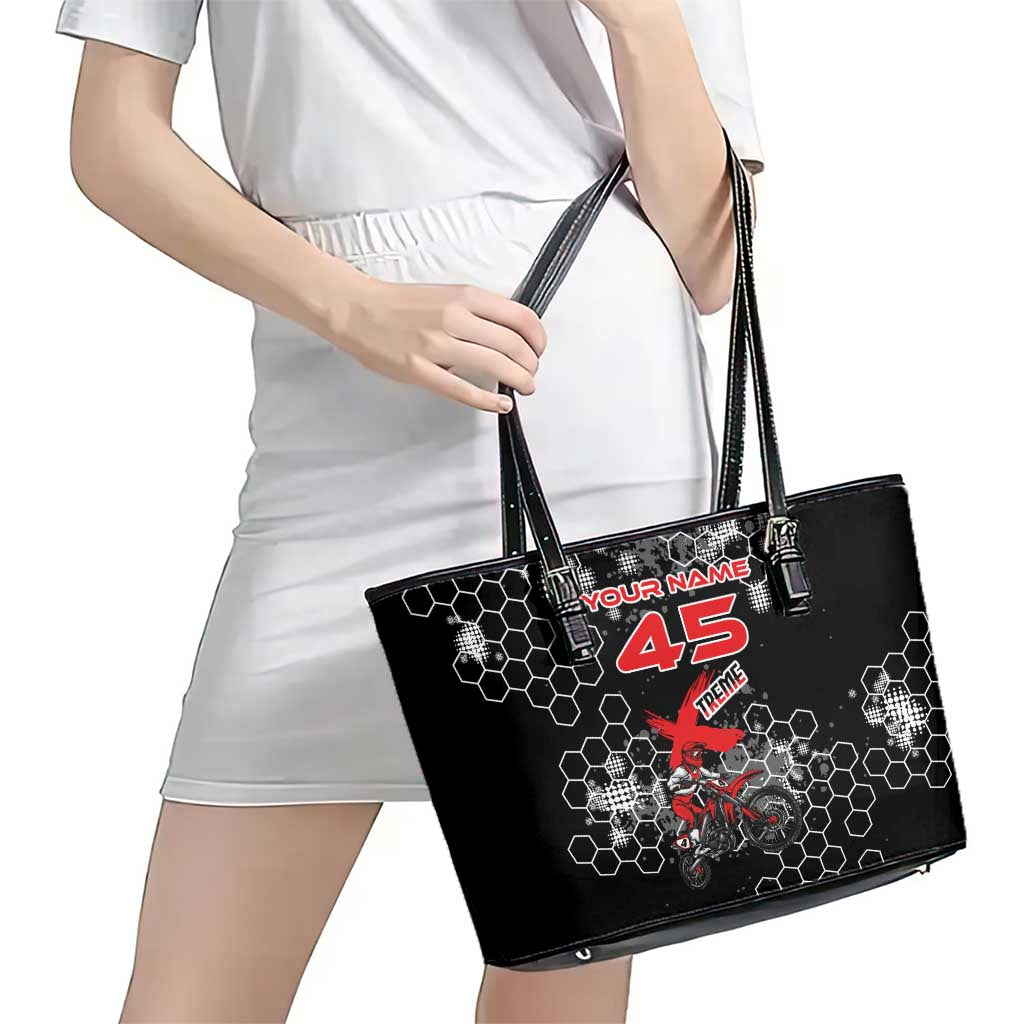 Custom Motocross Dirt Bike Leather Tote Bag with Red Rider and Honeycomb Grunge Design - Wonder Print Shop