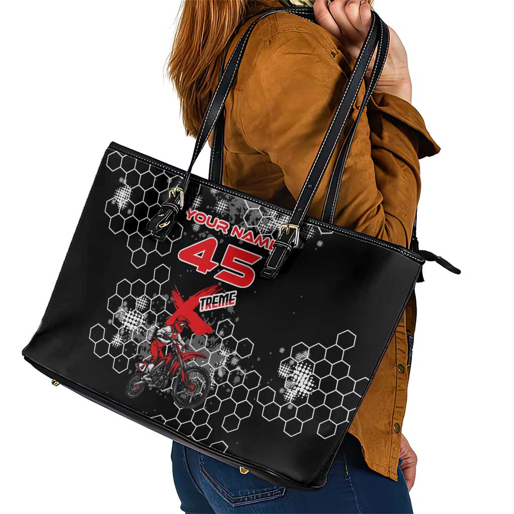 Custom Motocross Dirt Bike Leather Tote Bag with Red Rider and Honeycomb Grunge Design - Wonder Print Shop