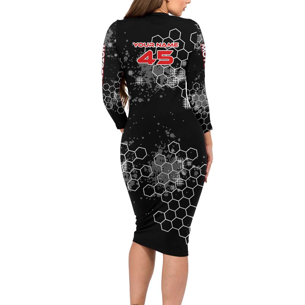 Custom Motocross Dirt Bike Long Sleeve Bodycon Dress with Red Rider and Honeycomb Grunge Design - Wonder Print Shop