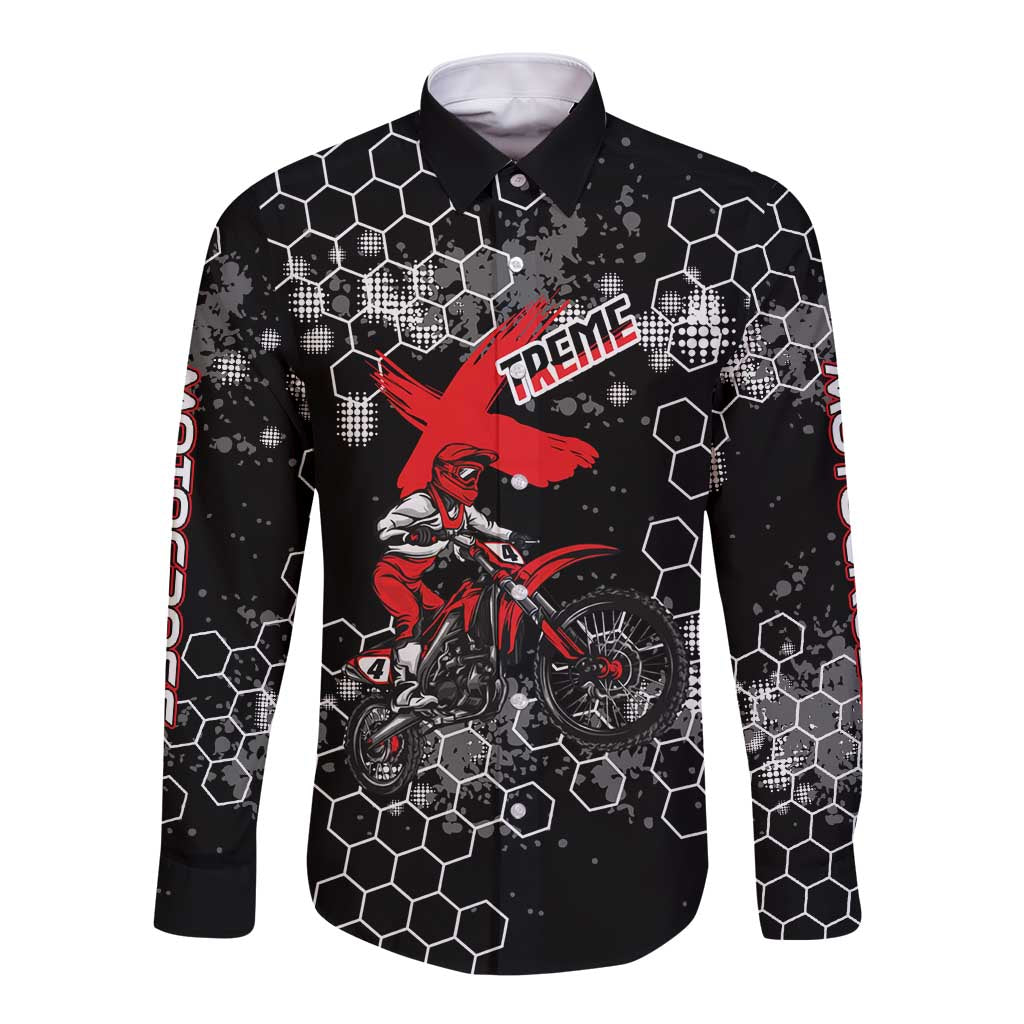Custom Motocross Dirt Bike Long Sleeve Button Shirt with Red Rider and Honeycomb Grunge Design - Wonder Print Shop