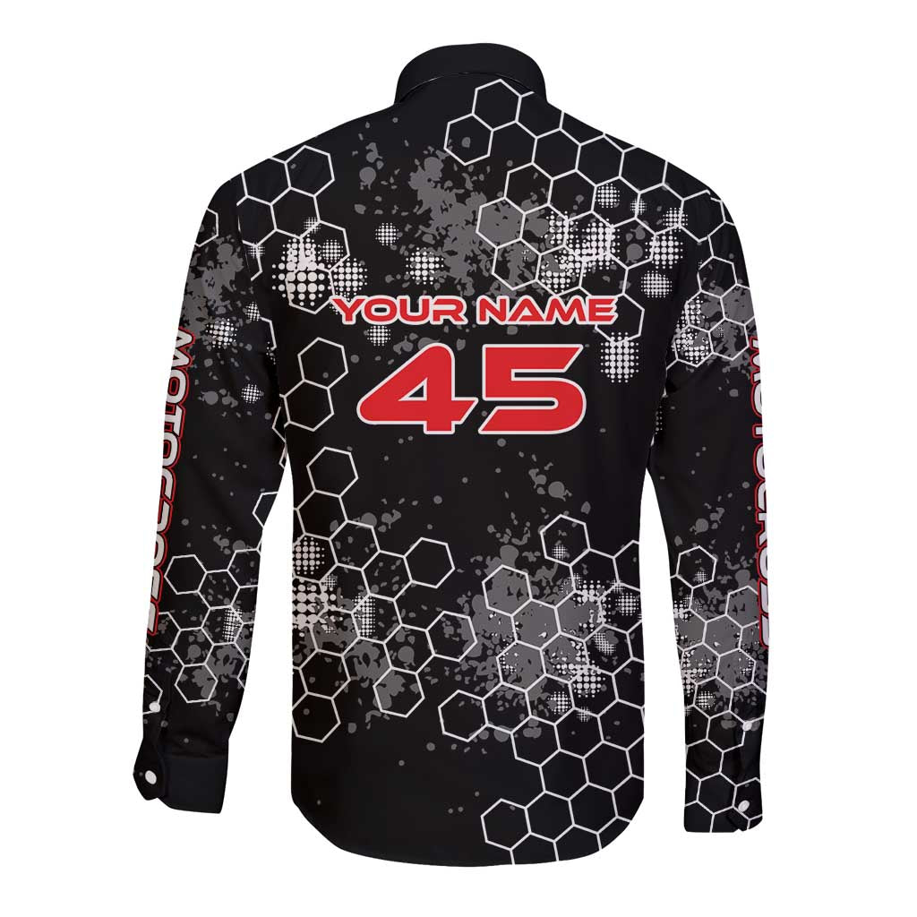 Custom Motocross Dirt Bike Long Sleeve Button Shirt with Red Rider and Honeycomb Grunge Design - Wonder Print Shop