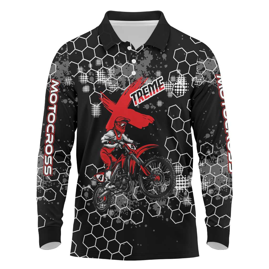 Custom Motocross Dirt Bike Long Sleeve Polo Shirt with Red Rider and Honeycomb Grunge Design - Wonder Print Shop