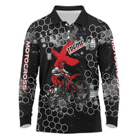 Custom Motocross Dirt Bike Long Sleeve Polo Shirt with Red Rider and Honeycomb Grunge Design - Wonder Print Shop