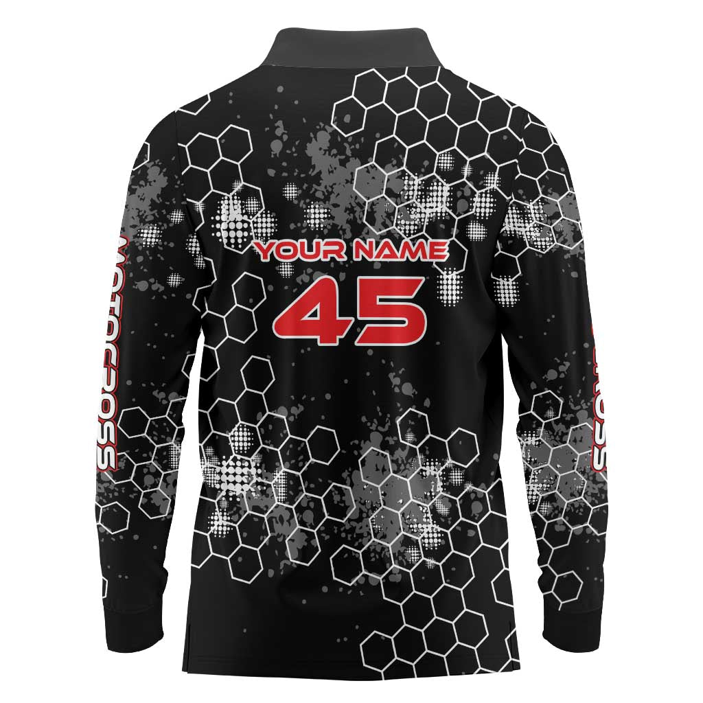 Custom Motocross Dirt Bike Long Sleeve Polo Shirt with Red Rider and Honeycomb Grunge Design - Wonder Print Shop