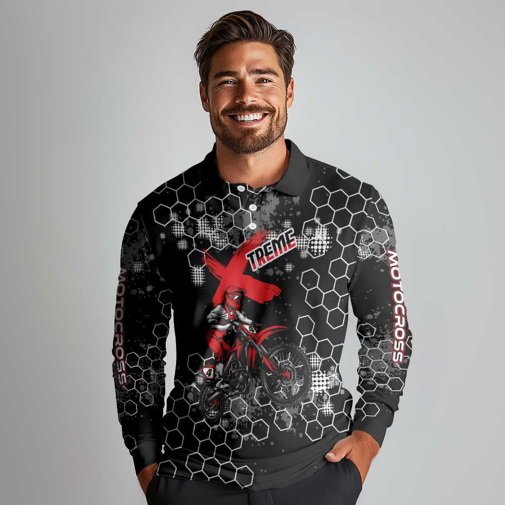 Custom Motocross Dirt Bike Long Sleeve Polo Shirt with Red Rider and Honeycomb Grunge Design - Wonder Print Shop