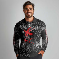 Custom Motocross Dirt Bike Long Sleeve Polo Shirt with Red Rider and Honeycomb Grunge Design - Wonder Print Shop