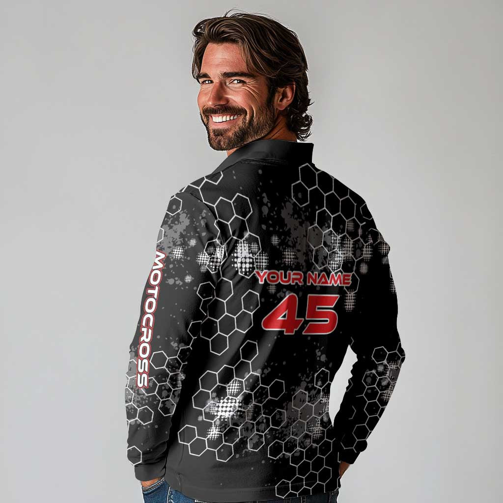 Custom Motocross Dirt Bike Long Sleeve Polo Shirt with Red Rider and Honeycomb Grunge Design - Wonder Print Shop