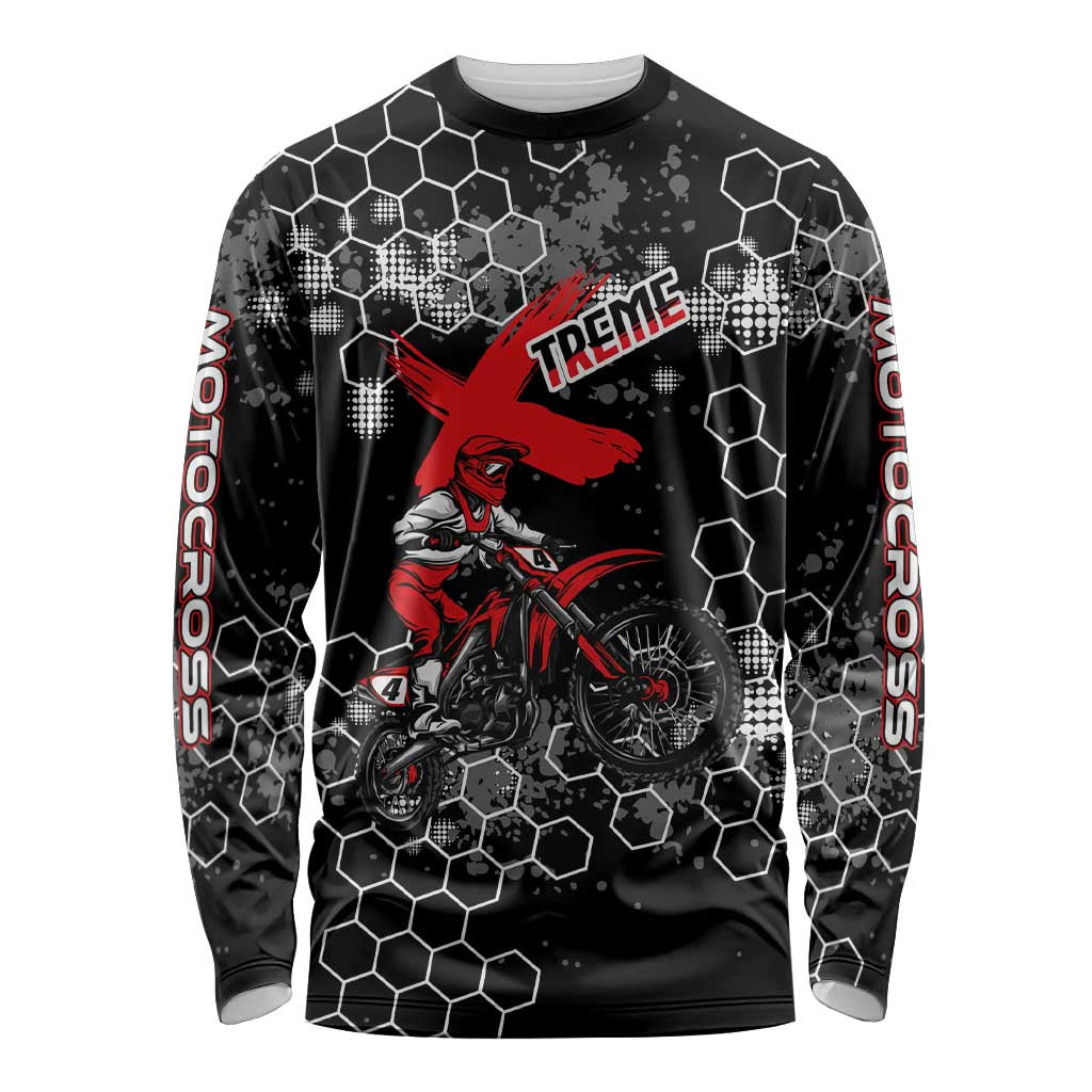 Custom Motocross Dirt Bike Long Sleeve Shirt with Red Rider and Honeycomb Grunge Design - Wonder Print Shop