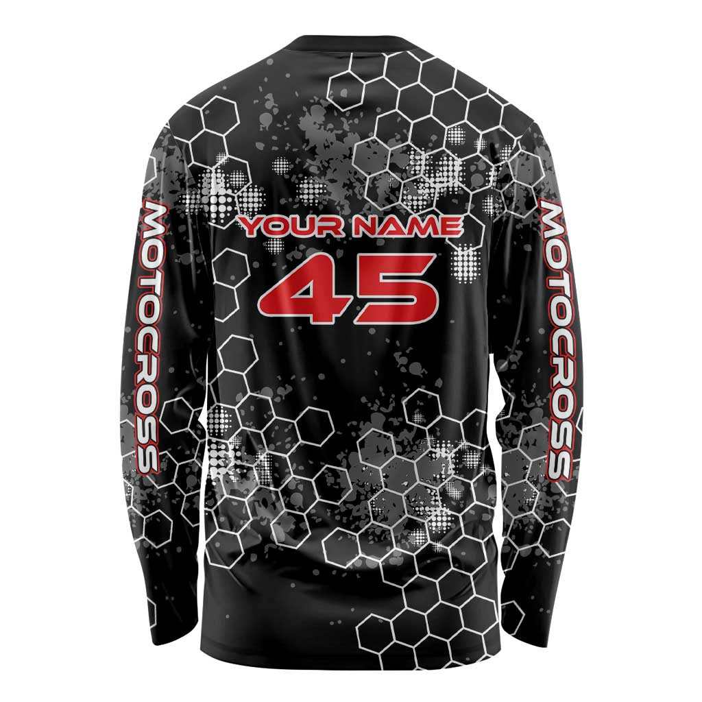 Custom Motocross Dirt Bike Long Sleeve Shirt with Red Rider and Honeycomb Grunge Design - Wonder Print Shop