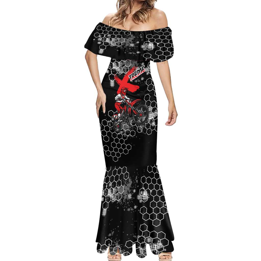 Custom Motocross Dirt Bike Mermaid Dress with Red Rider and Honeycomb Grunge Design - Wonder Print Shop