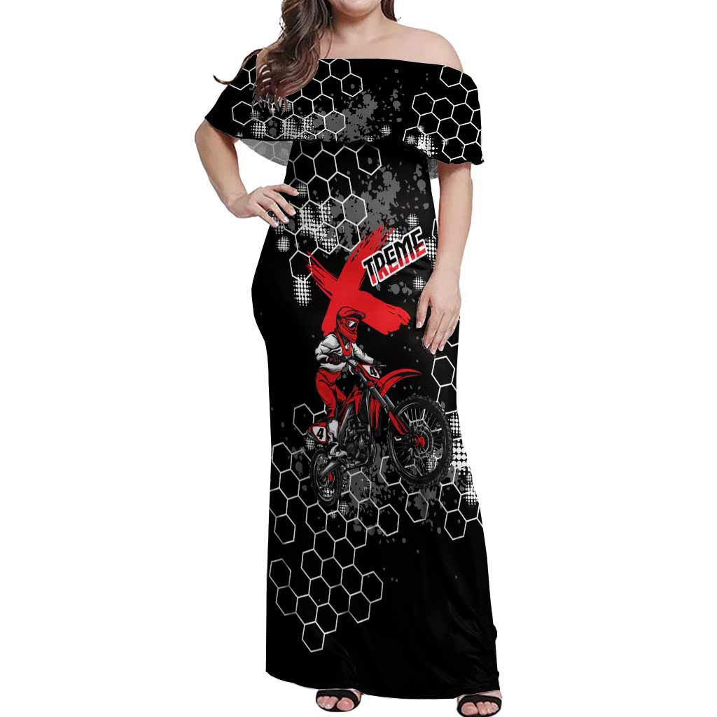 Custom Motocross Dirt Bike Off Shoulder Maxi Dress with Red Rider and Honeycomb Grunge Design - Wonder Print Shop