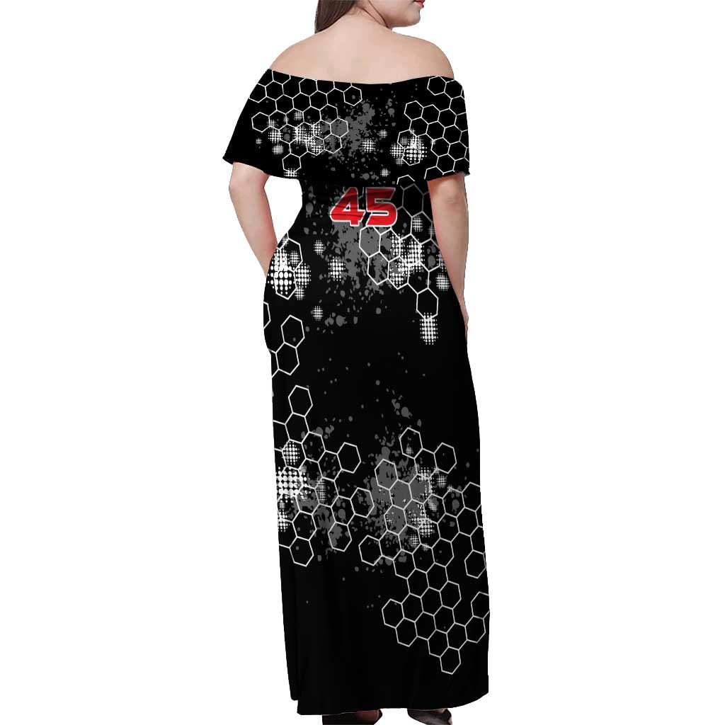 Custom Motocross Dirt Bike Off Shoulder Maxi Dress with Red Rider and Honeycomb Grunge Design - Wonder Print Shop
