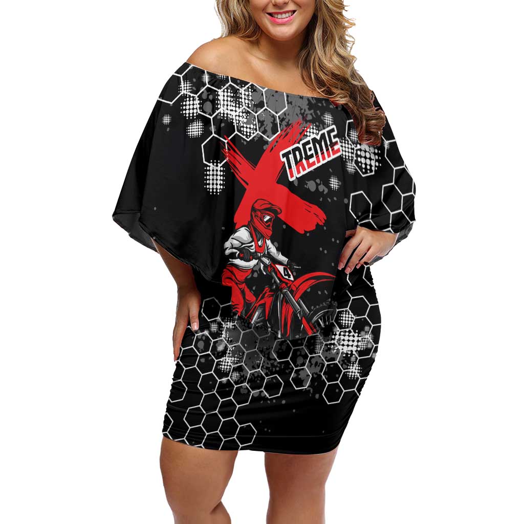 Custom Motocross Dirt Bike Off Shoulder Short Dress with Red Rider and Honeycomb Grunge Design - Wonder Print Shop