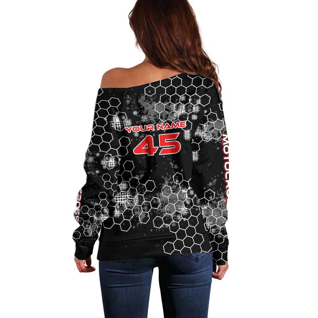 Custom Motocross Dirt Bike Off Shoulder Sweater with Red Rider and Honeycomb Grunge Design - Wonder Print Shop
