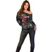 Custom Motocross Dirt Bike Off Shoulder Sweater with Red Rider and Honeycomb Grunge Design - Wonder Print Shop