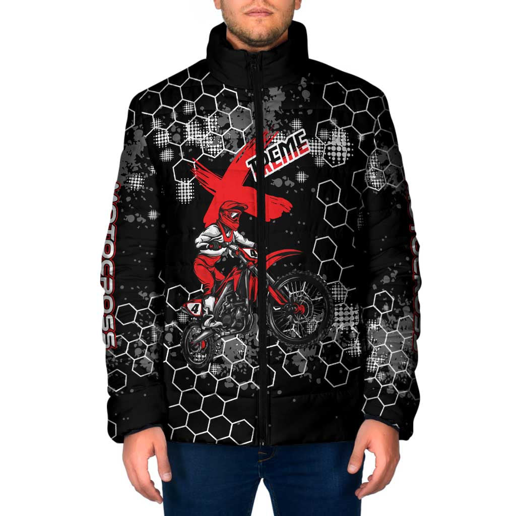 Custom Motocross Dirt Bike Padded Jacket with Red Rider and Honeycomb Grunge Design - Wonder Print Shop