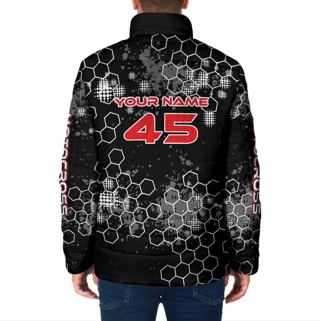 Custom Motocross Dirt Bike Padded Jacket with Red Rider and Honeycomb Grunge Design - Wonder Print Shop