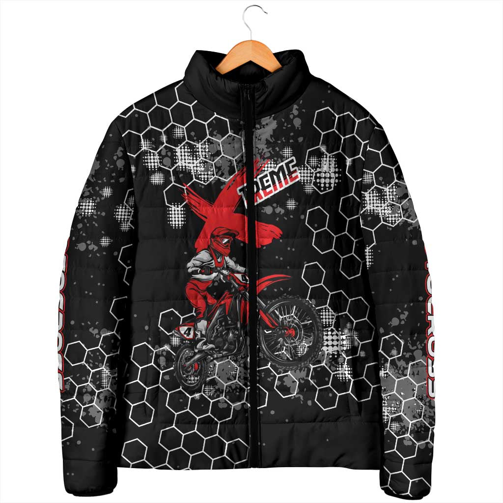 Custom Motocross Dirt Bike Padded Jacket with Red Rider and Honeycomb Grunge Design - Wonder Print Shop