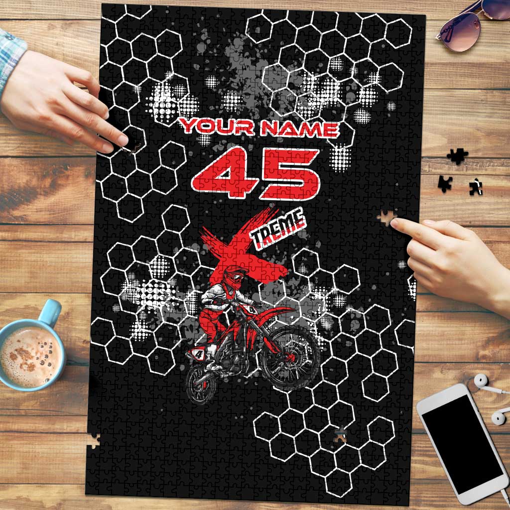 Custom Motocross Dirt Bike Puzzle with Red Rider and Honeycomb Grunge Design - Wonder Print Shop