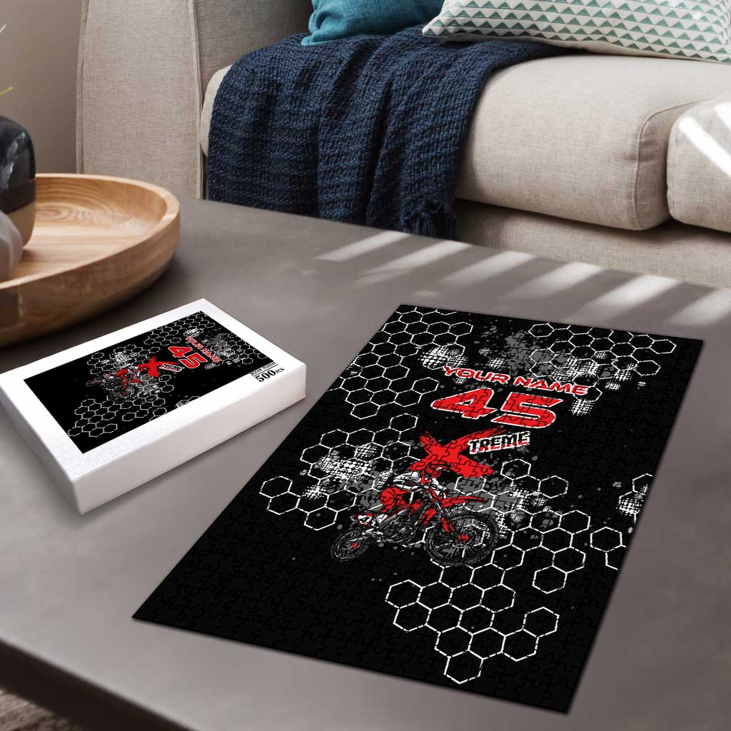 Custom Motocross Dirt Bike Puzzle with Red Rider and Honeycomb Grunge Design - Wonder Print Shop