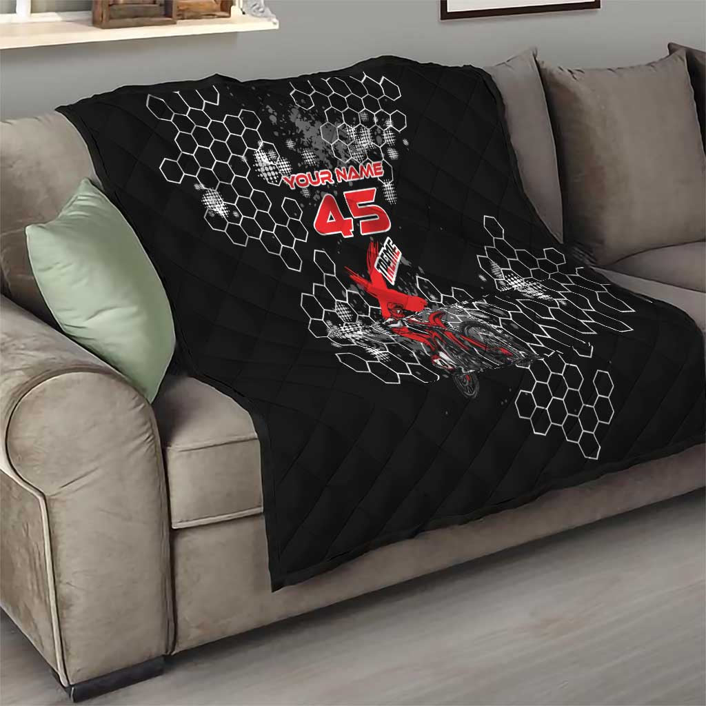 Custom Motocross Dirt Bike Quilt with Red Rider and Honeycomb Grunge Design - Wonder Print Shop
