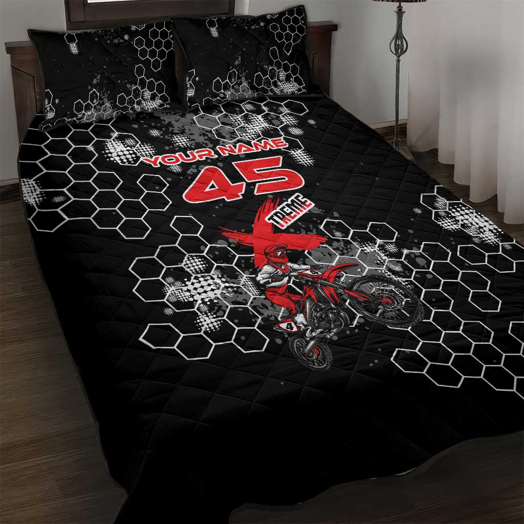 Custom Motocross Dirt Bike Quilt Bed Set with Red Rider and Honeycomb Grunge Design - Wonder Print Shop