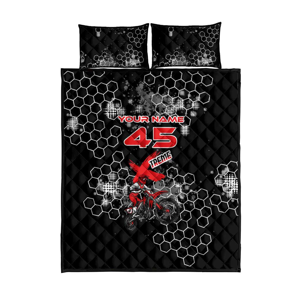 Custom Motocross Dirt Bike Quilt Bed Set with Red Rider and Honeycomb Grunge Design - Wonder Print Shop