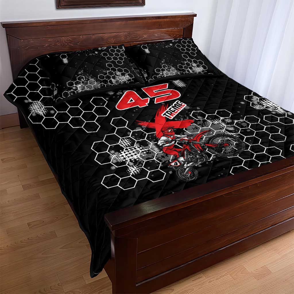 Custom Motocross Dirt Bike Quilt Bed Set with Red Rider and Honeycomb Grunge Design - Wonder Print Shop