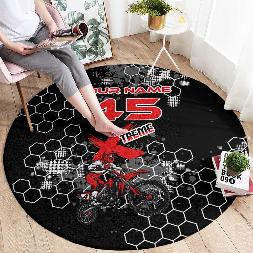 Custom Motocross Dirt Bike Round Carpet with Red Rider and Honeycomb Grunge Design - Wonder Print Shop