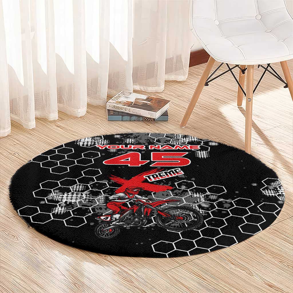 Custom Motocross Dirt Bike Round Carpet with Red Rider and Honeycomb Grunge Design - Wonder Print Shop
