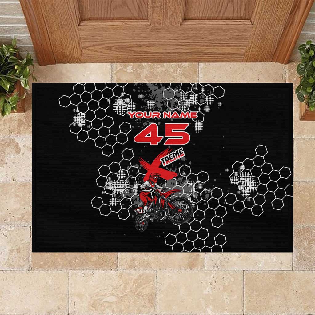 Custom Motocross Dirt Bike Rubber Doormat with Red Rider and Honeycomb Grunge Design - Wonder Print Shop