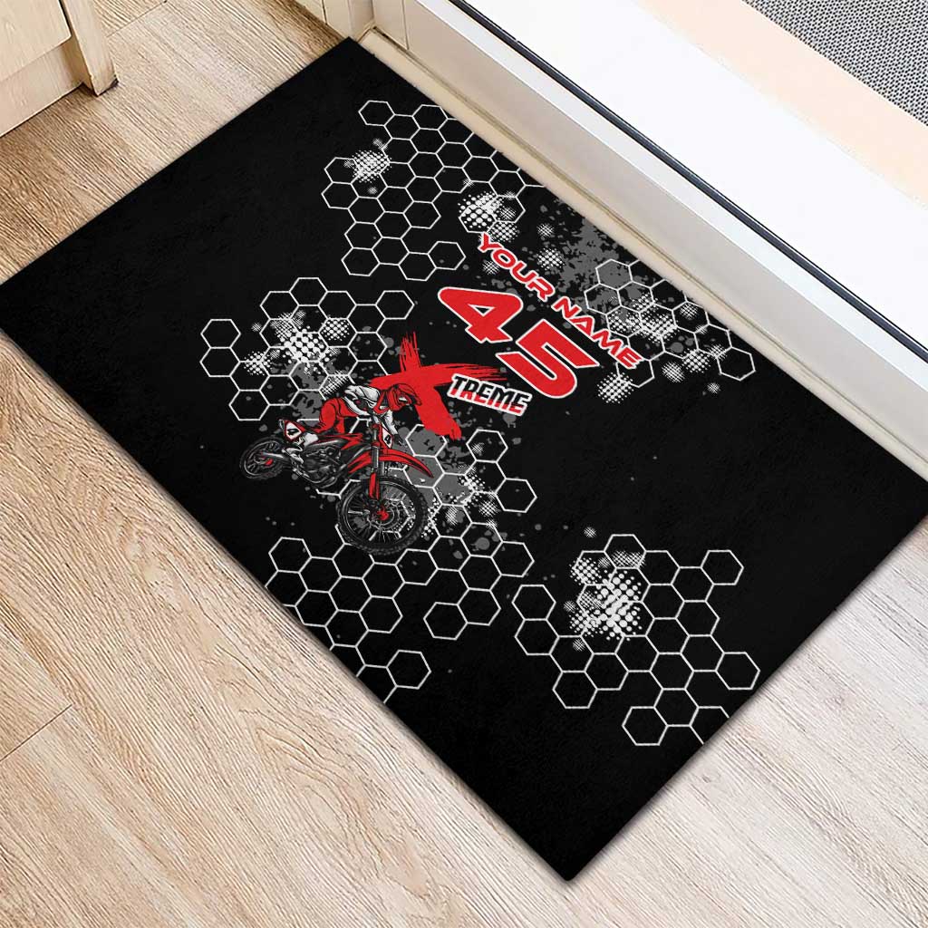 Custom Motocross Dirt Bike Rubber Doormat with Red Rider and Honeycomb Grunge Design - Wonder Print Shop