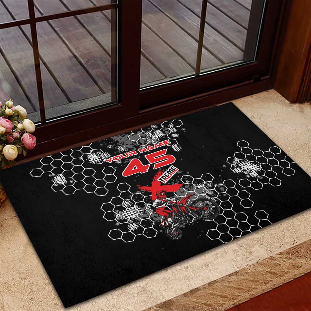 Custom Motocross Dirt Bike Rubber Doormat with Red Rider and Honeycomb Grunge Design - Wonder Print Shop