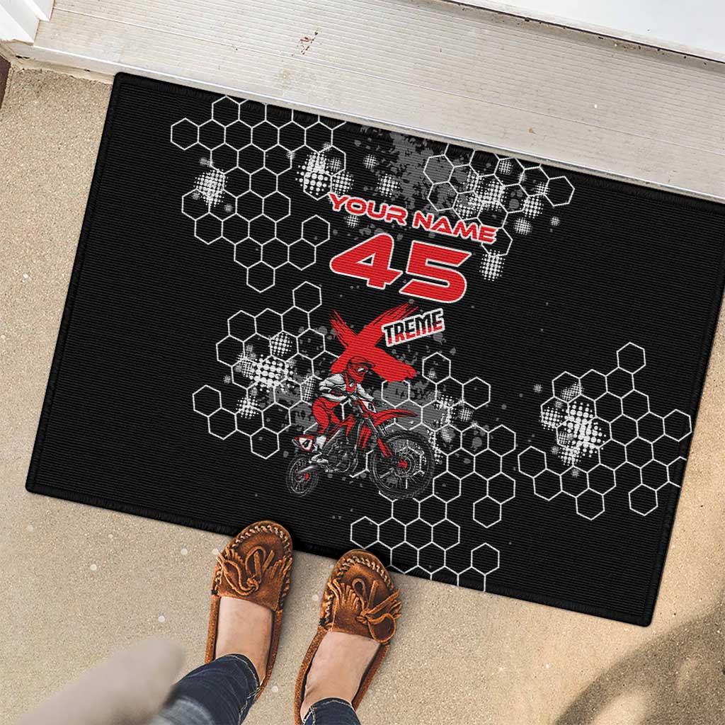 Custom Motocross Dirt Bike Rubber Doormat with Red Rider and Honeycomb Grunge Design - Wonder Print Shop