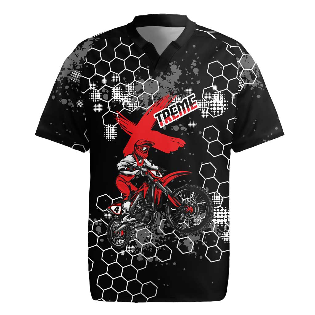 Custom Motocross Dirt Bike Rugby Jersey with Red Rider and Honeycomb Grunge Design - Wonder Print Shop